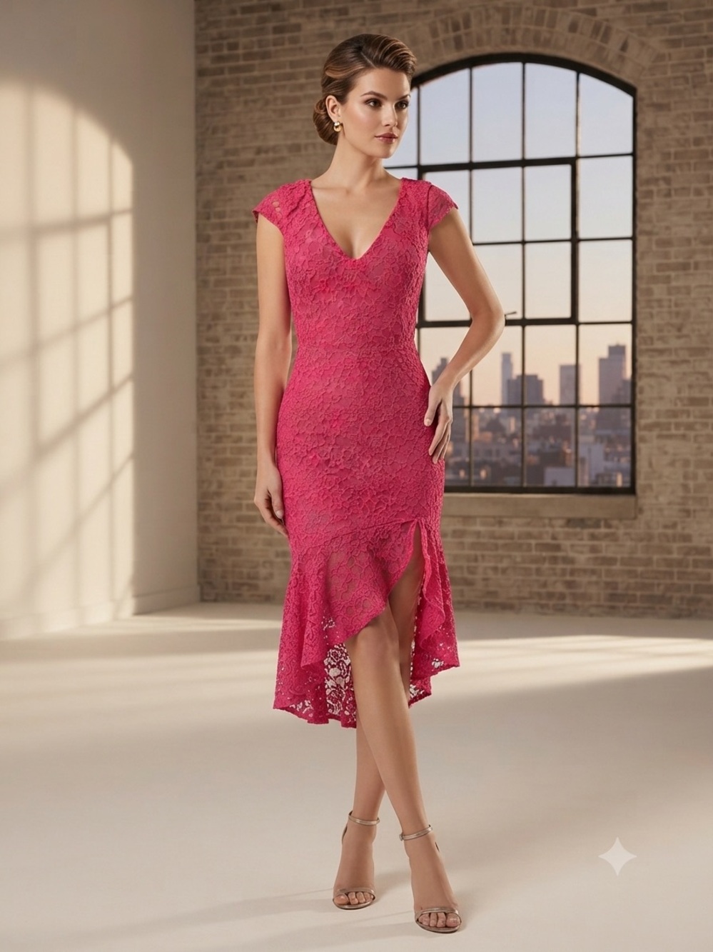 Symphony Hot Pink Lace V-Neck High-Low Dress